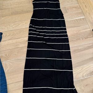 Black Strapless Maxi Maternity Dress with White Stripes